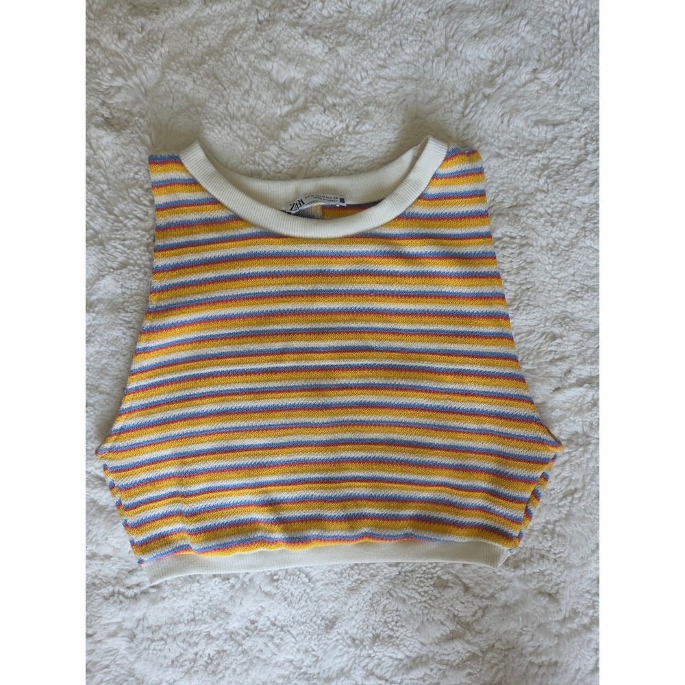 Zara Multi Color Striped Knit Crop Top Sleeveless Crew Neck M Festival Boho